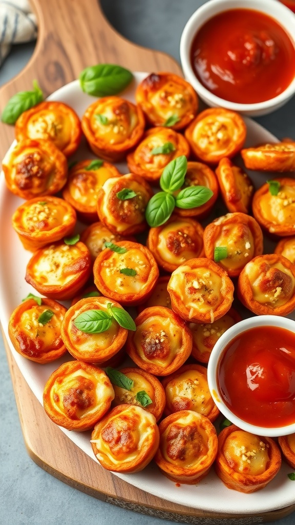 Crispy lasagna bites on a platter with fresh basil, served with marinara sauce for dipping.